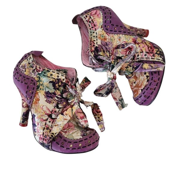 Shangri-La Shoes - Shangri-La lace up floral fabric & leather heeled booties purple gold 38 EU